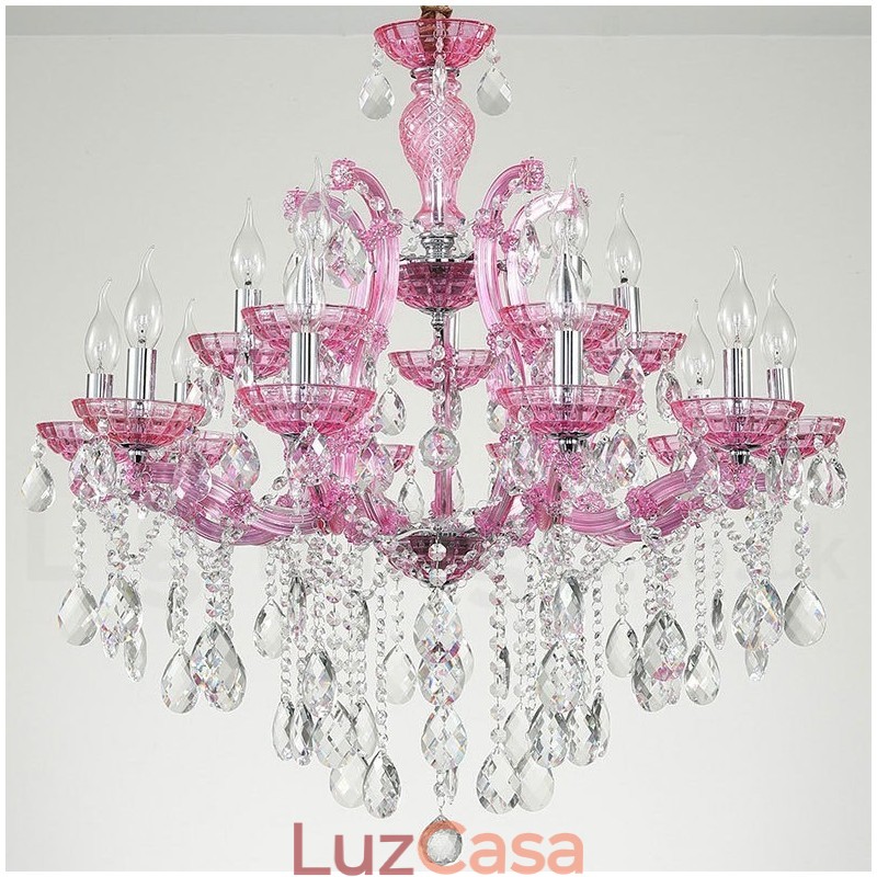 Lustre de cristal luxuoso com 18 (12+6) luzes multicores e cristal transparente
