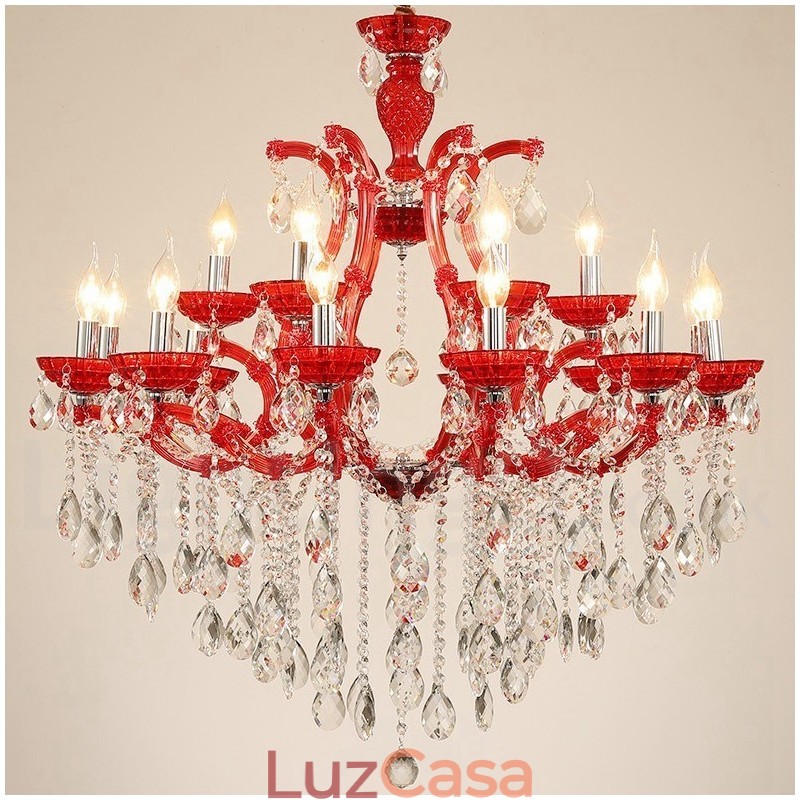 Lustre de cristal luxuoso com 18 (12+6) luzes multicores e cristal transparente