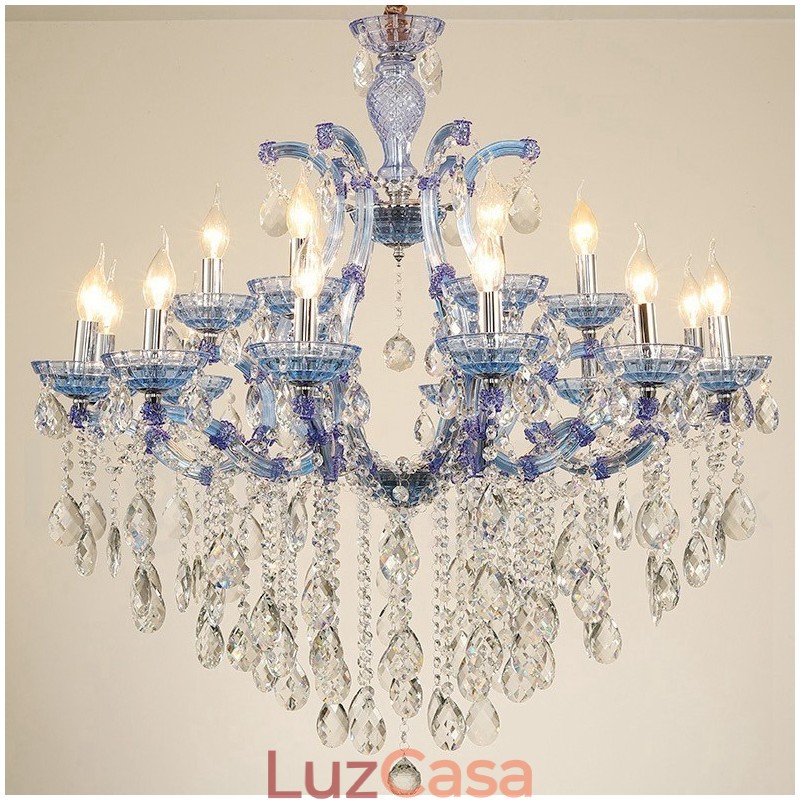Lustre de cristal luxuoso com 18 (12+6) luzes multicores e cristal transparente