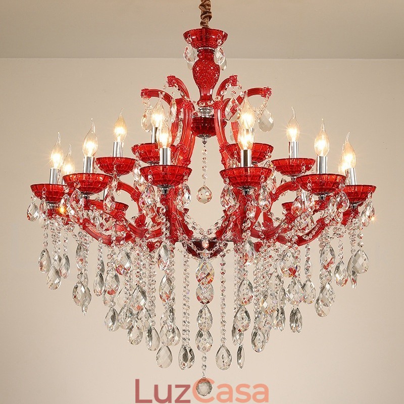 Lustre de cristal luxuoso com 18 (12+6) luzes multicores e cristal transparente