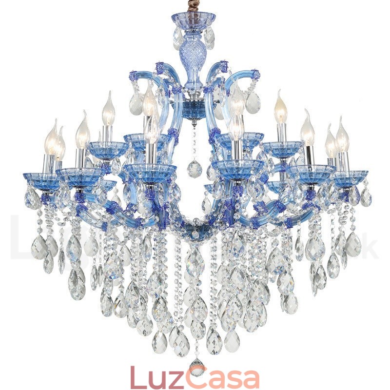 Lustre de cristal luxuoso com 18 (12+6) luzes multicores e cristal transparente