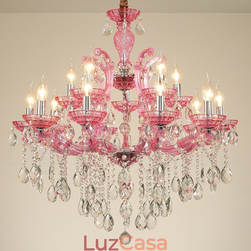 Lustre de cristal luxuoso com 18 (12+6) luzes multicores e cristal transparente