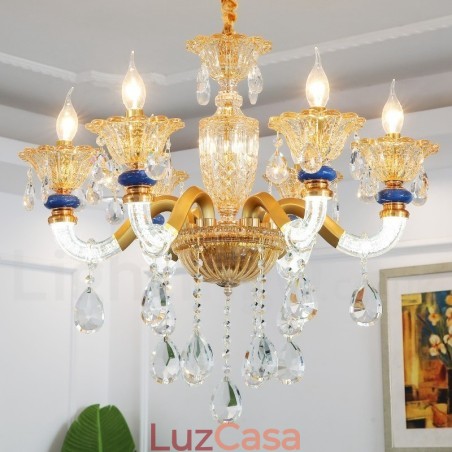 Lustre moderno contemporâneo de 6 luzes com vela de champanhe e cristal Lustre moderno contemporâneo de 6 luzes com vela de champanhe e cristal