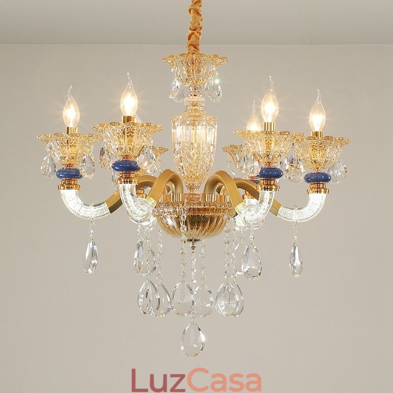Lustre moderno contemporâneo de 6 luzes com vela de champanhe e cristal