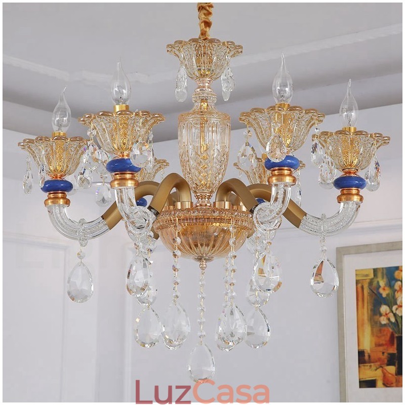 Lustre moderno contemporâneo de 6 luzes com vela de champanhe e cristal