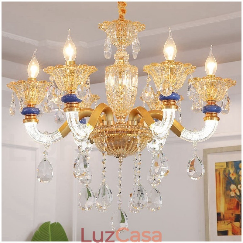 Lustre moderno contemporâneo de 6 luzes com vela de champanhe e cristal