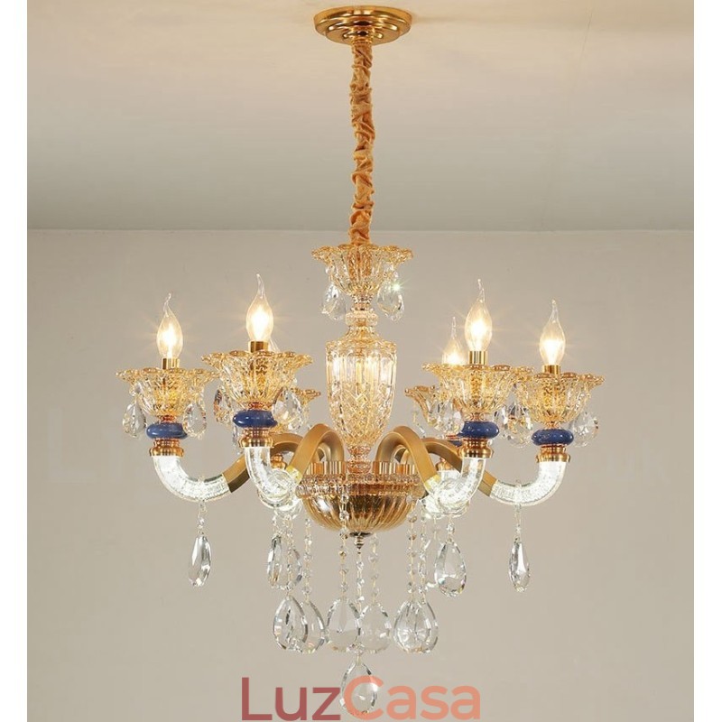 Lustre moderno contemporâneo de 6 luzes com vela de champanhe e cristal
