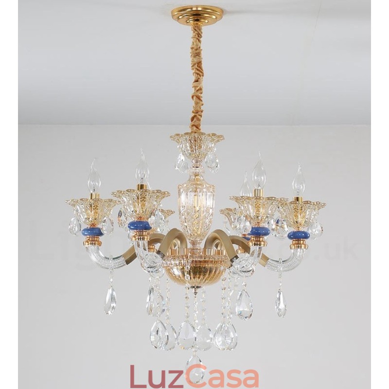 Lustre moderno contemporâneo de 6 luzes com vela de champanhe e cristal