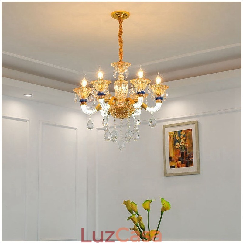 Lustre moderno contemporâneo de 6 luzes com vela de champanhe e cristal