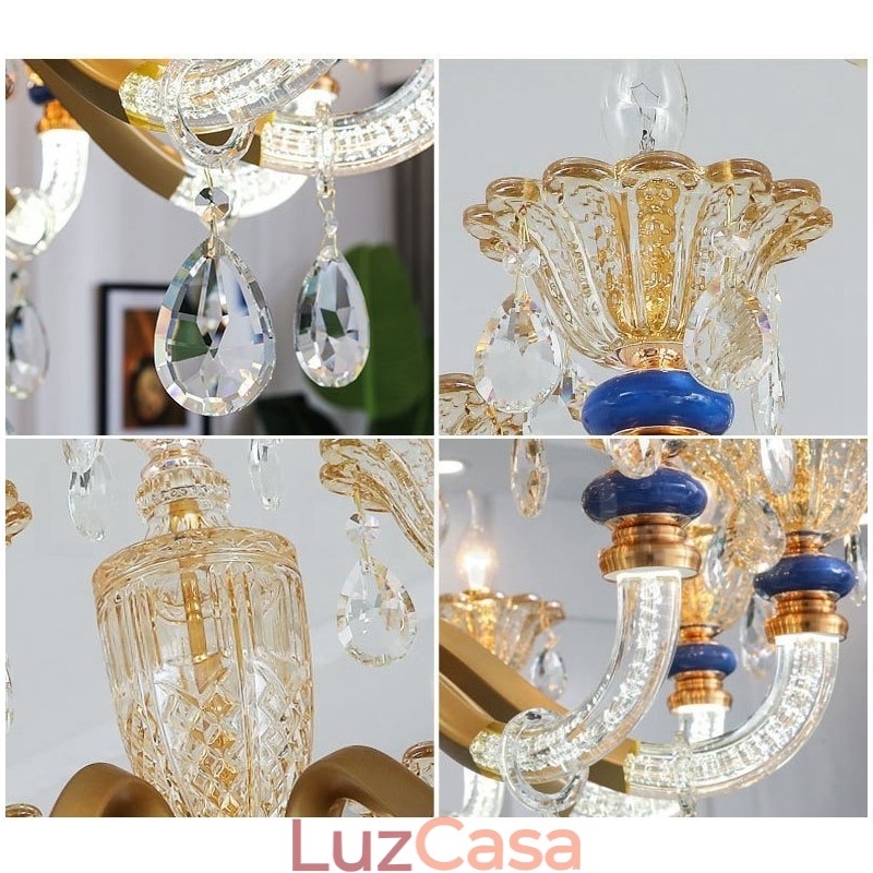 Lustre moderno contemporâneo de 6 luzes com vela de champanhe e cristal