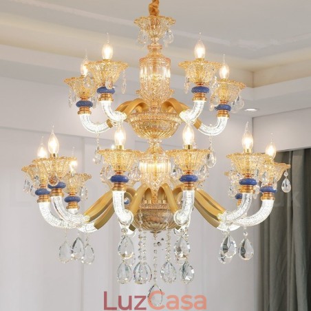Lustre moderno contemporâneo de 15 (10+5) luzes com vela de champanhe e cristal Lustre moderno contemporâneo de 15 (10+5) luzes com vela de champanhe e cristal