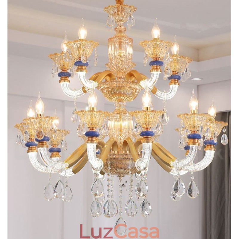 Lustre moderno contemporâneo de 15 (10+5) luzes com vela de champanhe e cristal