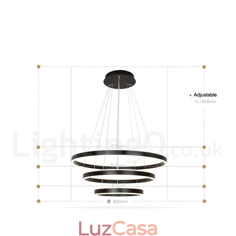 Luminária pendente moderna contemporânea com 3 anéis e duas tiras, Wi-Fi inteligente regulável, com abajur de acrílico