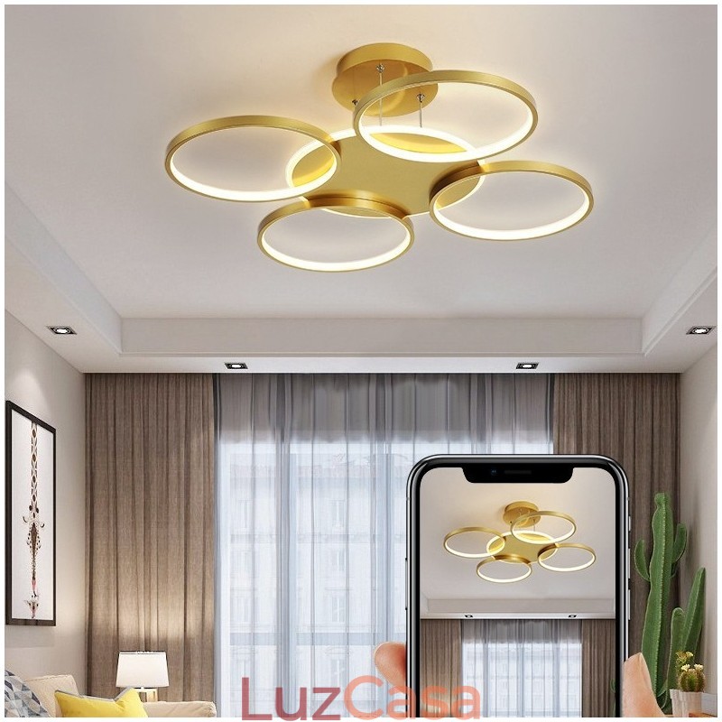 Lustre de teto circular estilo nórdico moderno e contemporâneo dourado com controle remoto também pode ser usado como luz de parede