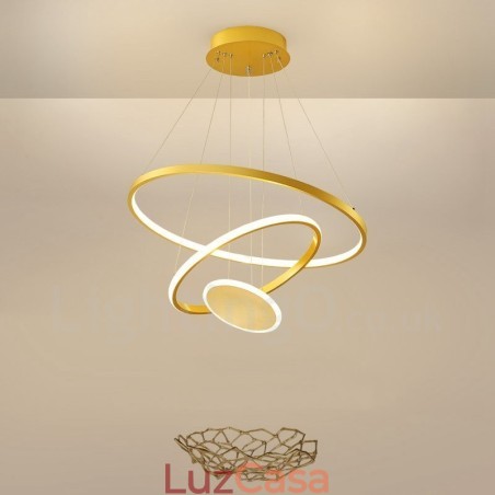 Três Círculos Design Moderno Três Anéis Ouro Pendente Luz com Controle Remoto Três Círculos Design Moderno Três Anéis Ouro Pendente Luz com Controle Remoto