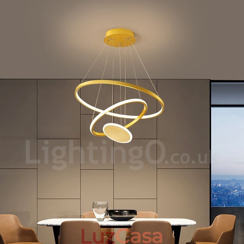 Três Círculos Design Moderno Três Anéis Ouro Pendente Luz com Controle Remoto