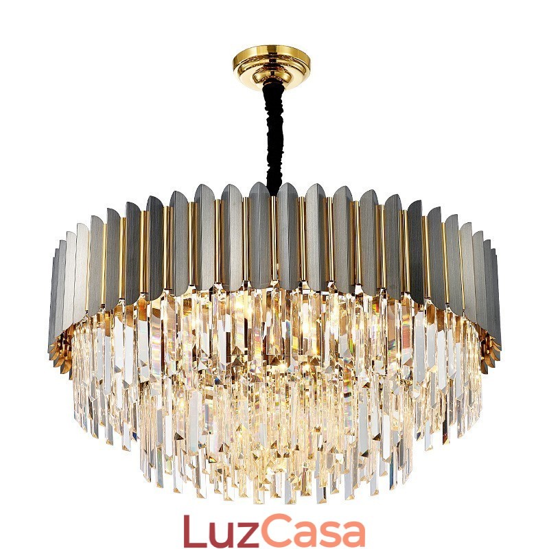 Lustre de pingente de cristal K9 redondo preto e dourado pós-moderno de luxo para salão de exposições