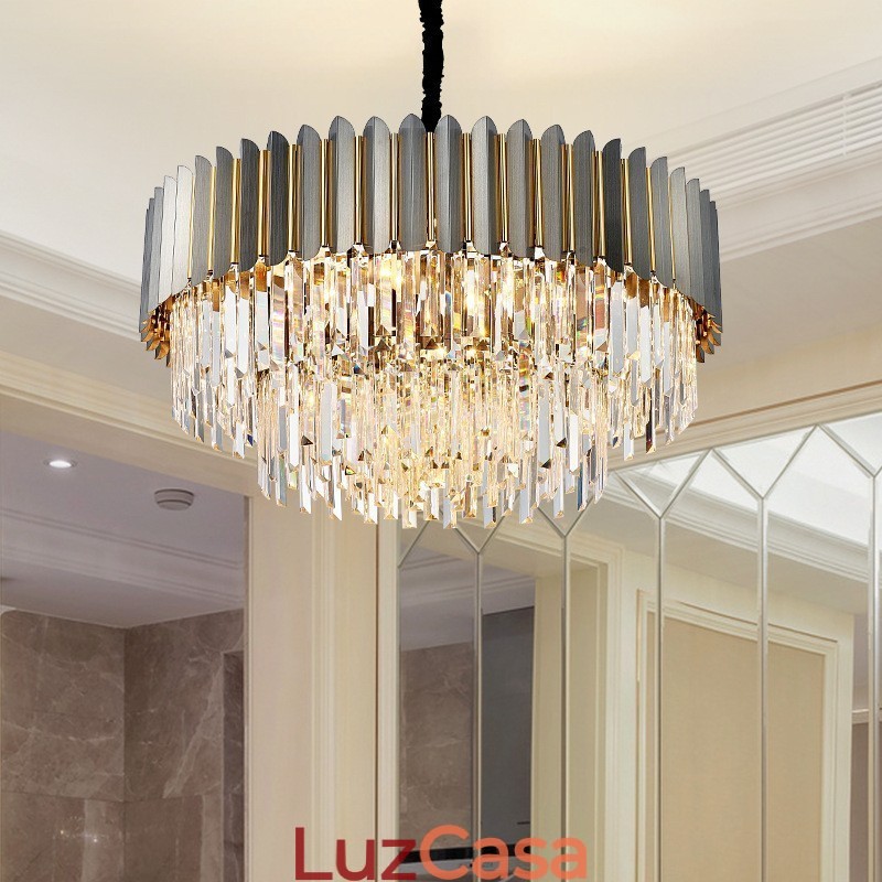 Lustre de pingente de cristal K9 redondo preto e dourado pós-moderno de luxo para salão de exposições