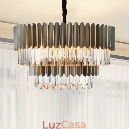 Lustre de pingente de cristal K9 redondo preto e dourado de luxo pós-moderno de dois níveis Lustre de pingente de cristal K9 redondo preto e dourado de luxo pós-moderno de dois níveis
