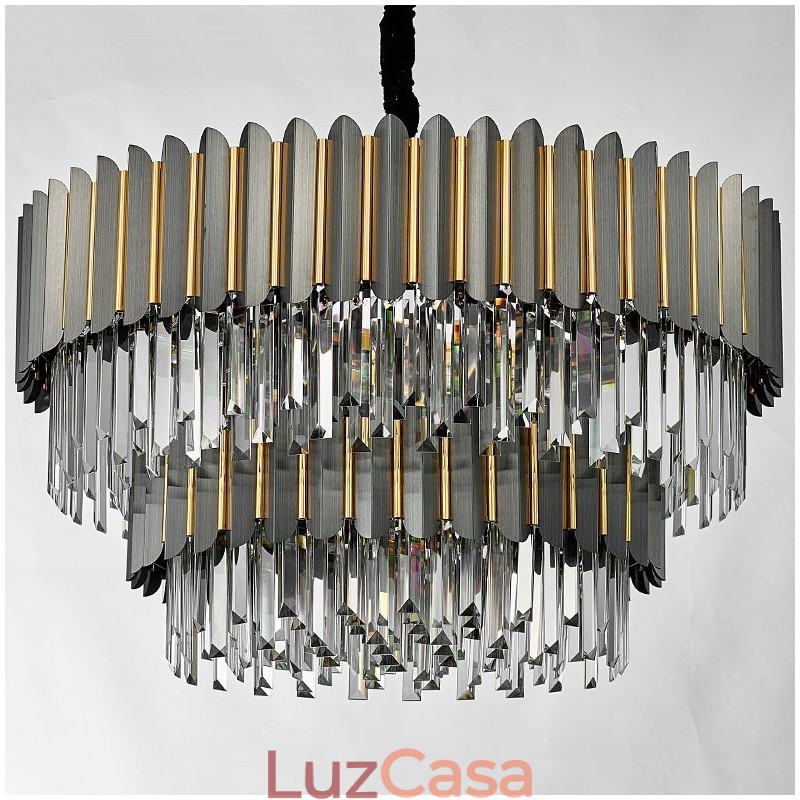 Lustre de pingente de cristal K9 redondo preto e dourado de luxo pós-moderno de dois níveis