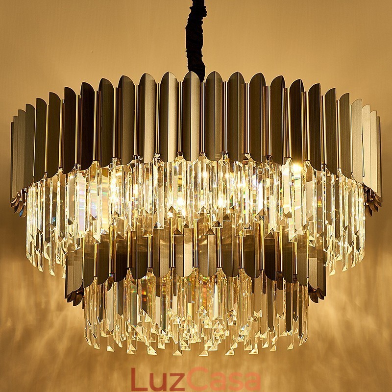 Lustre de pingente de cristal K9 redondo preto e dourado de luxo pós-moderno de dois níveis