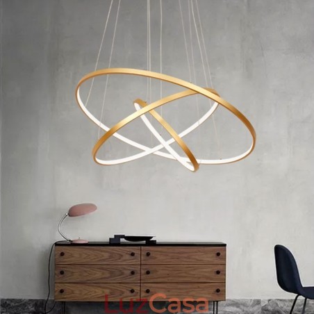 Luminária pendente regulável com controle remoto dourado design moderno três anéis Luminária pendente regulável com controle remoto dourado design moderno três anéis