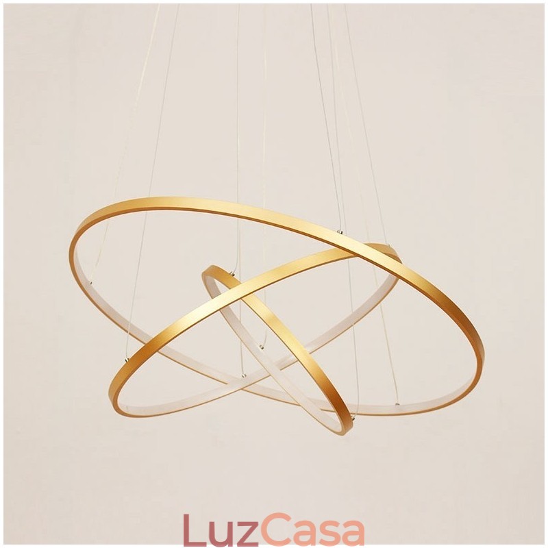 Luminária pendente regulável com controle remoto dourado design moderno três anéis