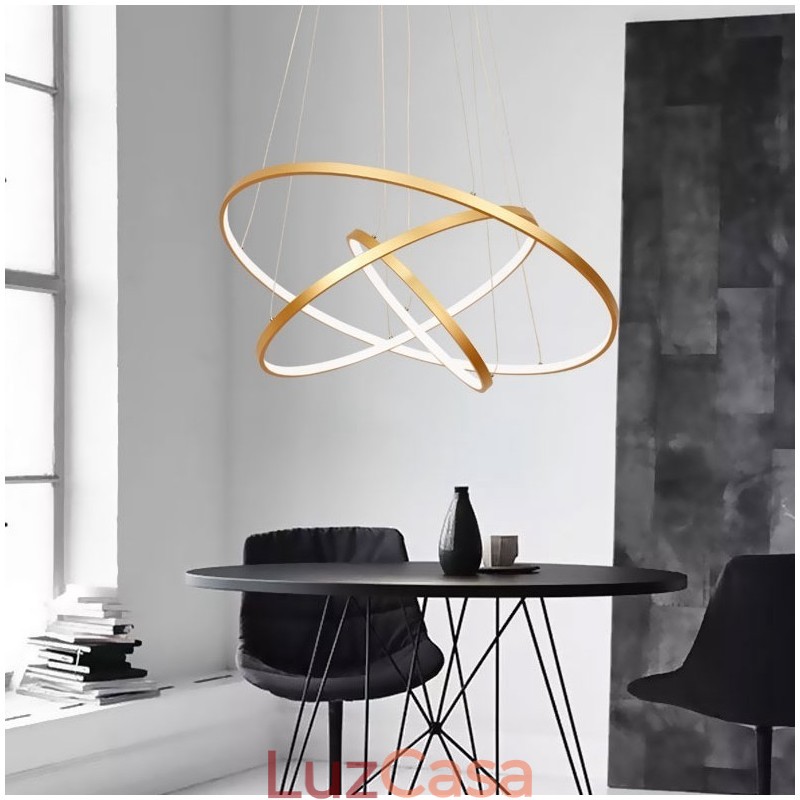 Luminária pendente regulável com controle remoto dourado design moderno três anéis