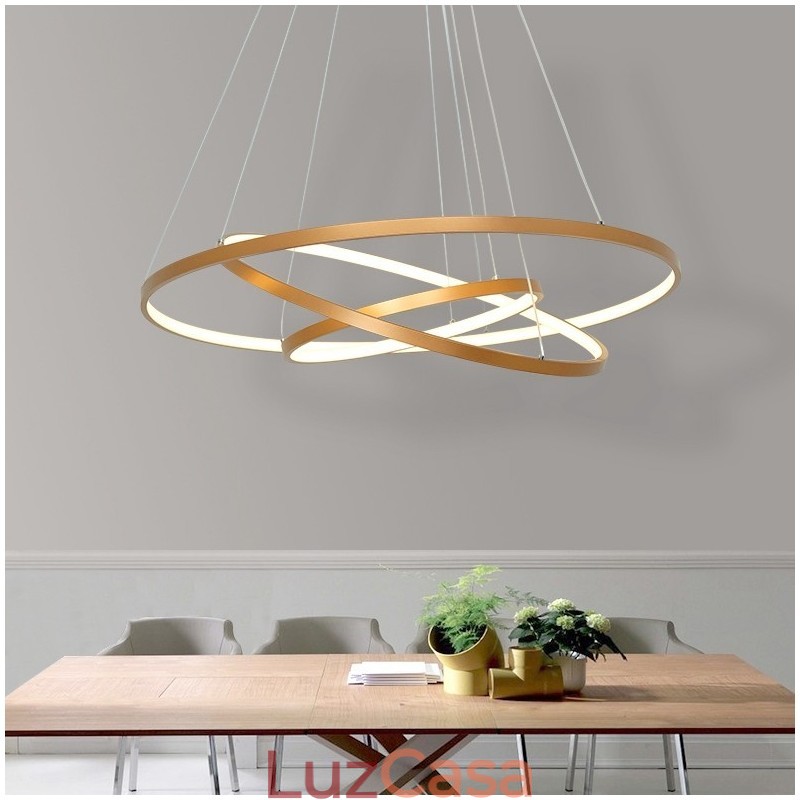 Luminária pendente regulável com controle remoto dourado design moderno três anéis