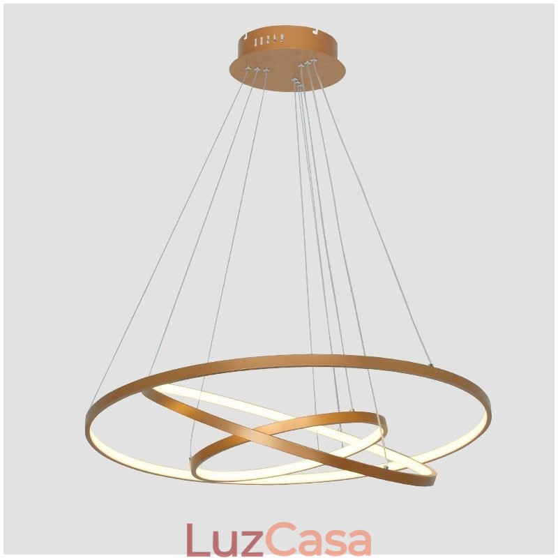Luminária pendente regulável com controle remoto dourado design moderno três anéis