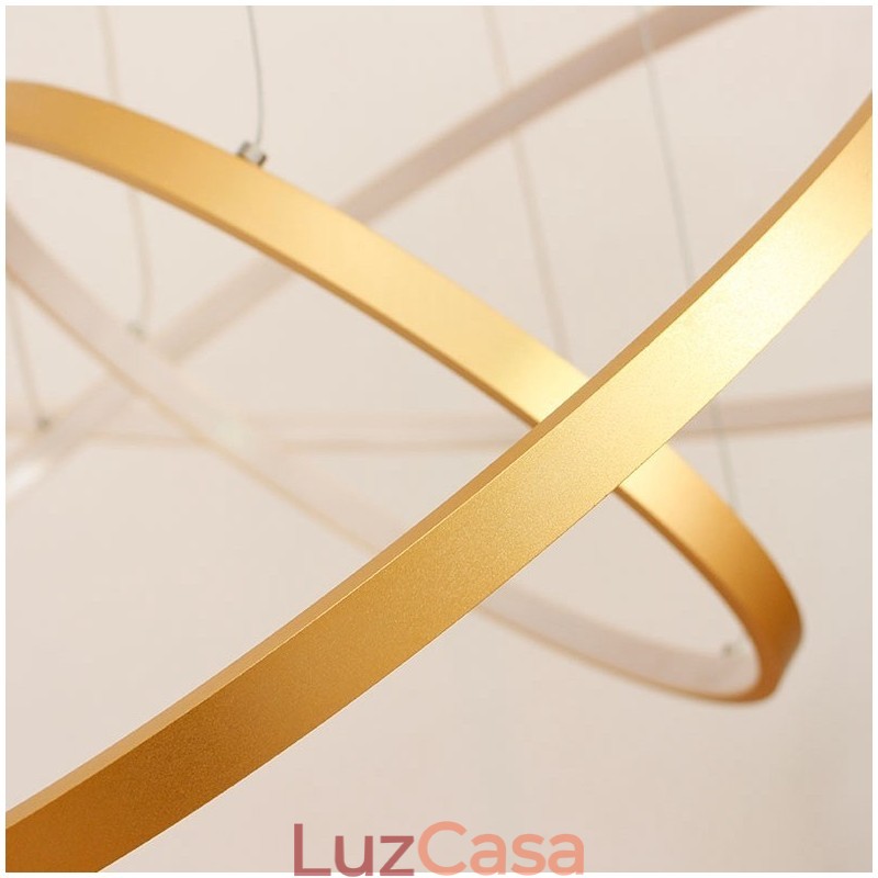 Luminária pendente regulável com controle remoto dourado design moderno três anéis