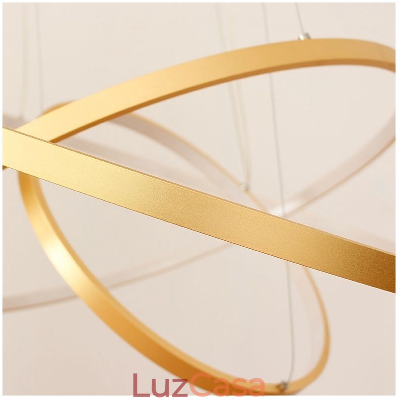 Luminária pendente regulável com controle remoto dourado design moderno três anéis