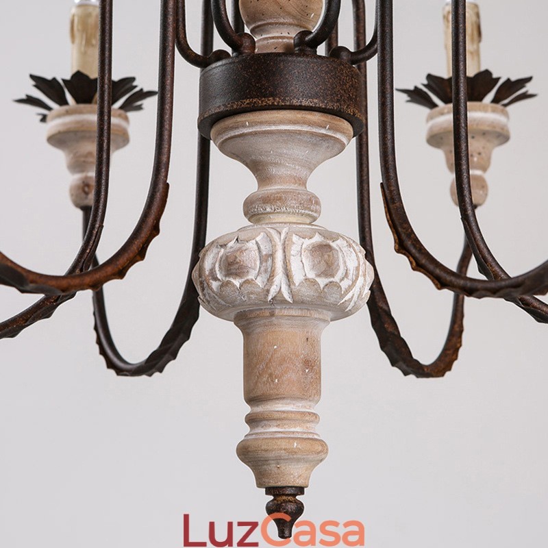 Lustre de madeira vintage country com 6 luzes