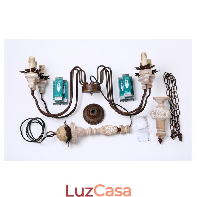 Lustre de madeira vintage country com 6 luzes