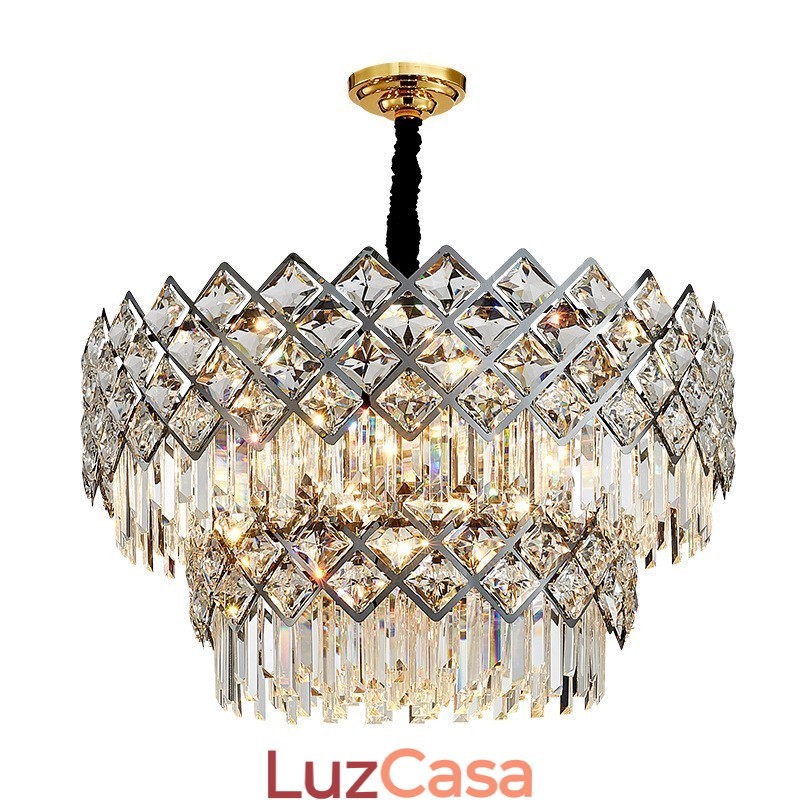 Lustre de pingente de cristal K9 redondo preto e dourado de luxo pós-moderno de dois níveis