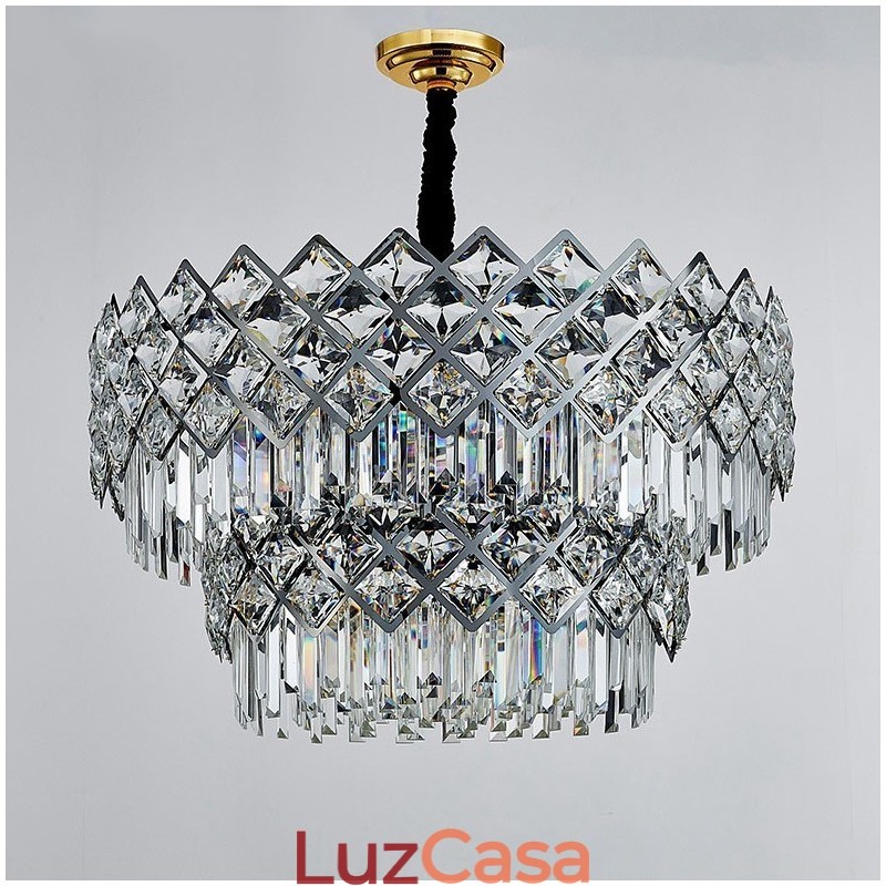 Lustre de pingente de cristal K9 redondo preto e dourado de luxo pós-moderno de dois níveis