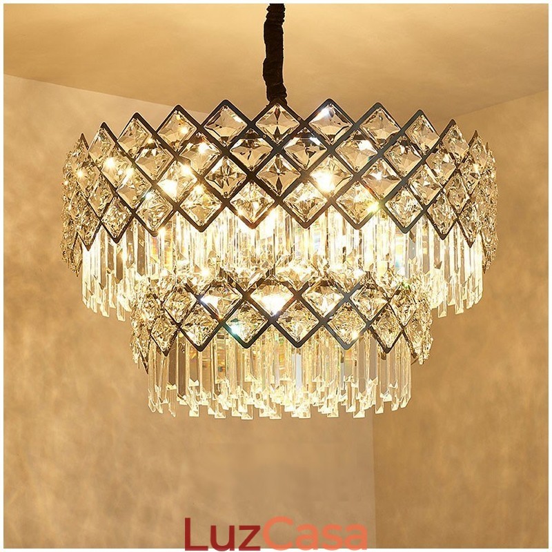 Lustre de pingente de cristal K9 redondo preto e dourado de luxo pós-moderno de dois níveis