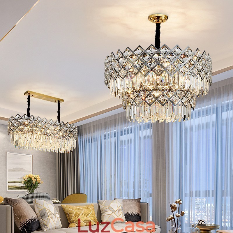 Lustre de pingente de cristal K9 redondo preto e dourado de luxo pós-moderno de dois níveis