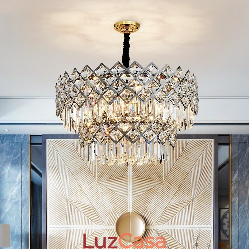 Lustre de pingente de cristal K9 redondo preto e dourado de luxo pós-moderno de dois níveis