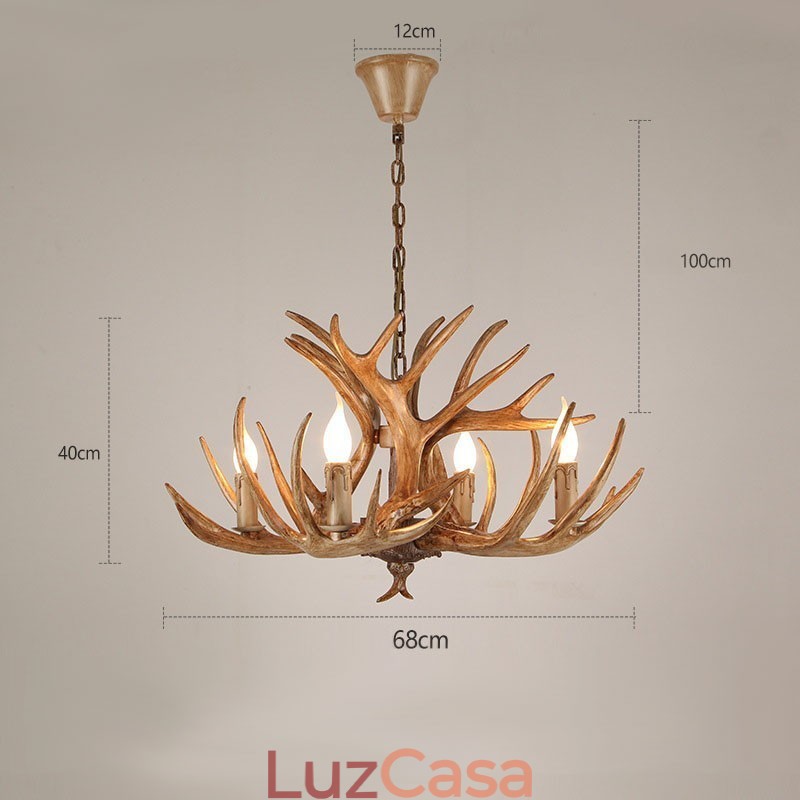 Lustre antigo de chifre retrô artístico rústico de 4 luzes