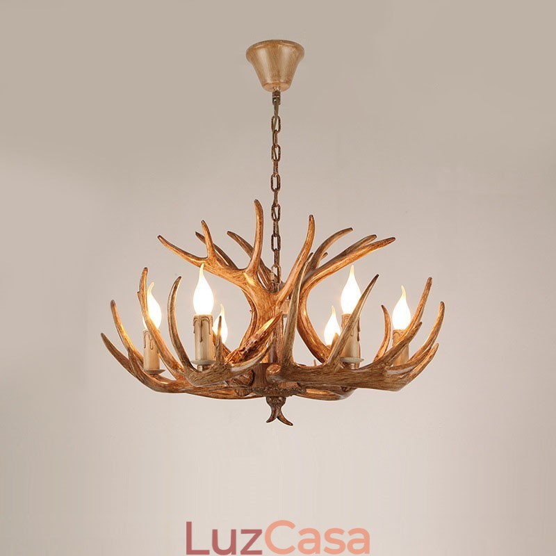Lustre antigo de chifre retrô artístico rústico de 6 luzes