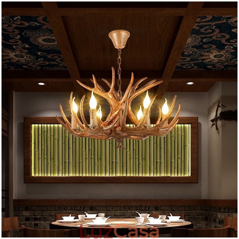 Lustre antigo de chifre retrô artístico rústico de 6 luzes
