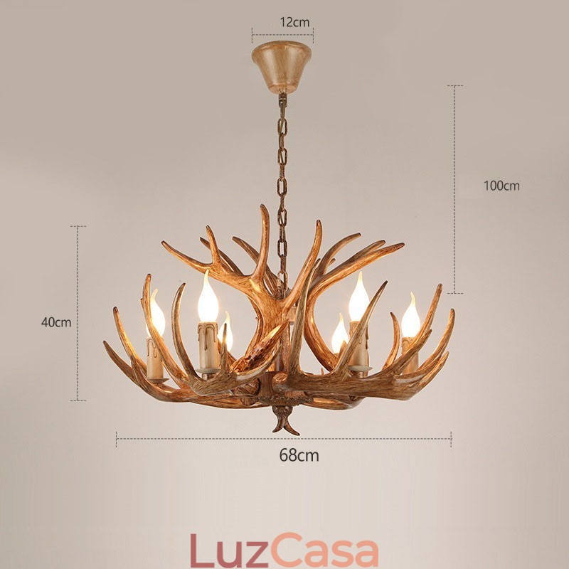 Lustre antigo de chifre retrô artístico rústico de 6 luzes