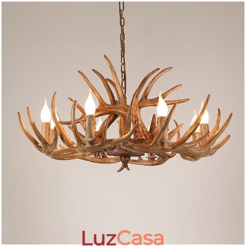 Lustre antigo de chifre retrô artístico rústico de 8 luzes