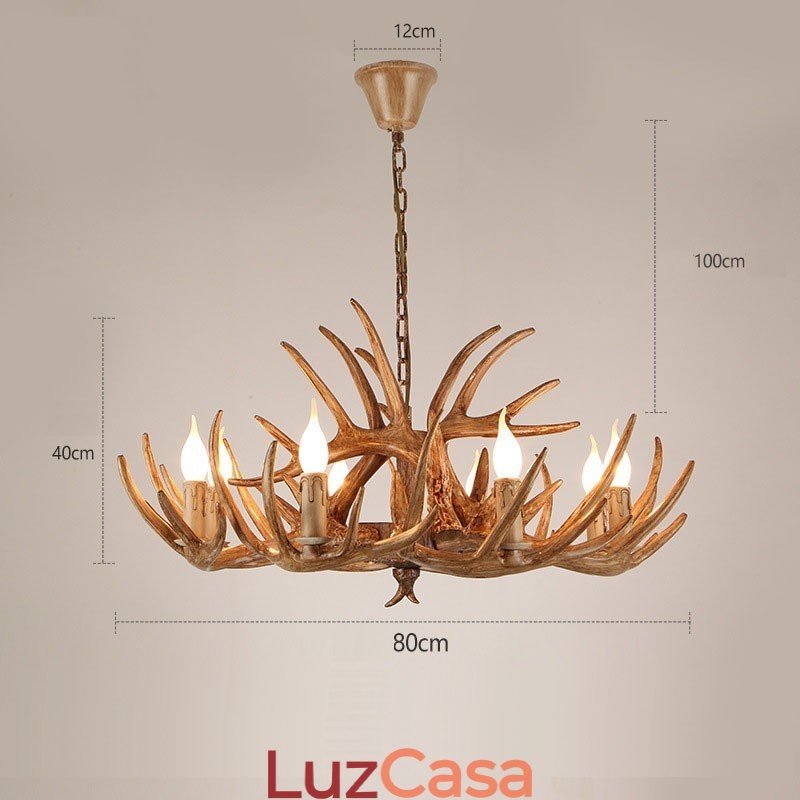 Lustre antigo de chifre retrô artístico rústico de 8 luzes