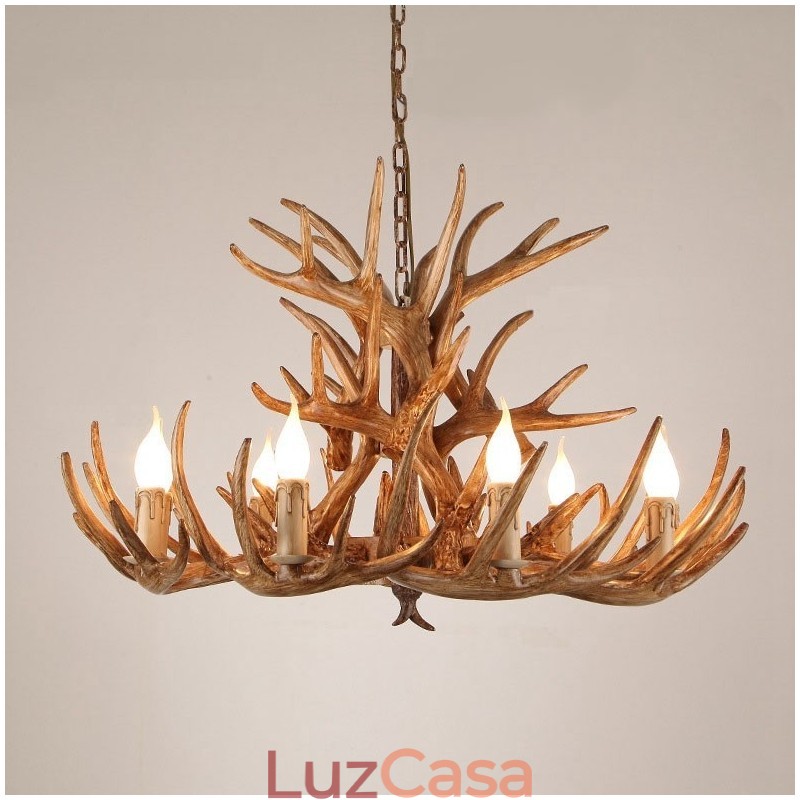 Lustre antigo de chifre retrô artístico rústico de três níveis com 9 luzes