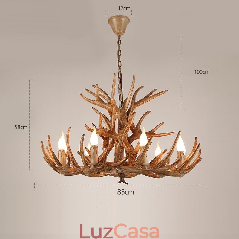 Lustre antigo de chifre retrô artístico rústico de três níveis com 9 luzes