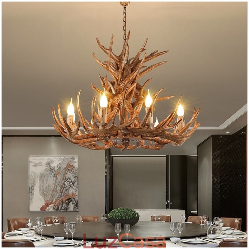 Lustre antigo de chifre retrô artístico rústico de 9 luzes e 4 camadas