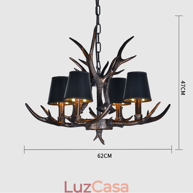 Lustre antigo de chifre retrô artístico rústico preto de 4 luzes com abajures