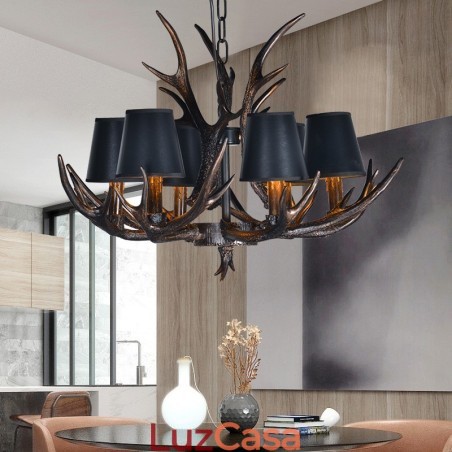 Lustre antigo de chifre retrô artístico rústico preto de 6 luzes com abajures Lustre antigo de chifre retrô artístico rústico preto de 6 luzes com abajures